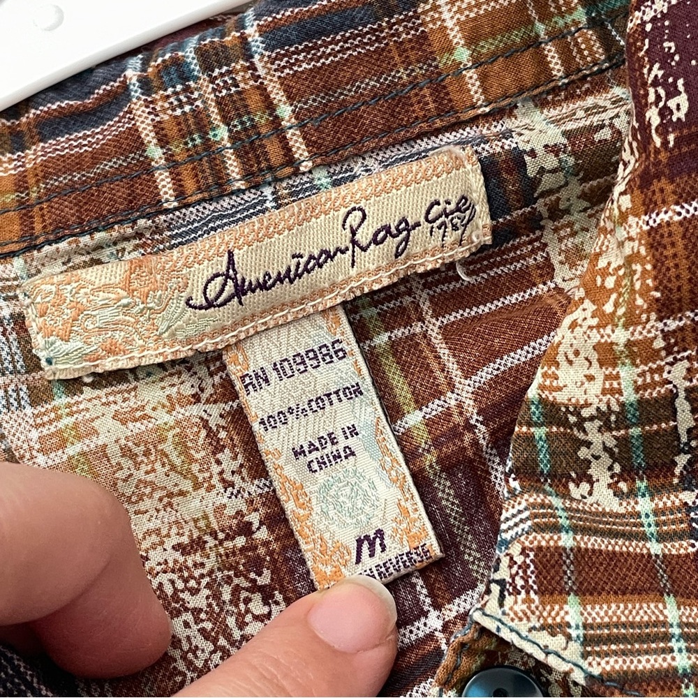 Plaid Peasant Top pintuck fit flare button up womens Brown (medium) boho folk - Picture 2 of 5